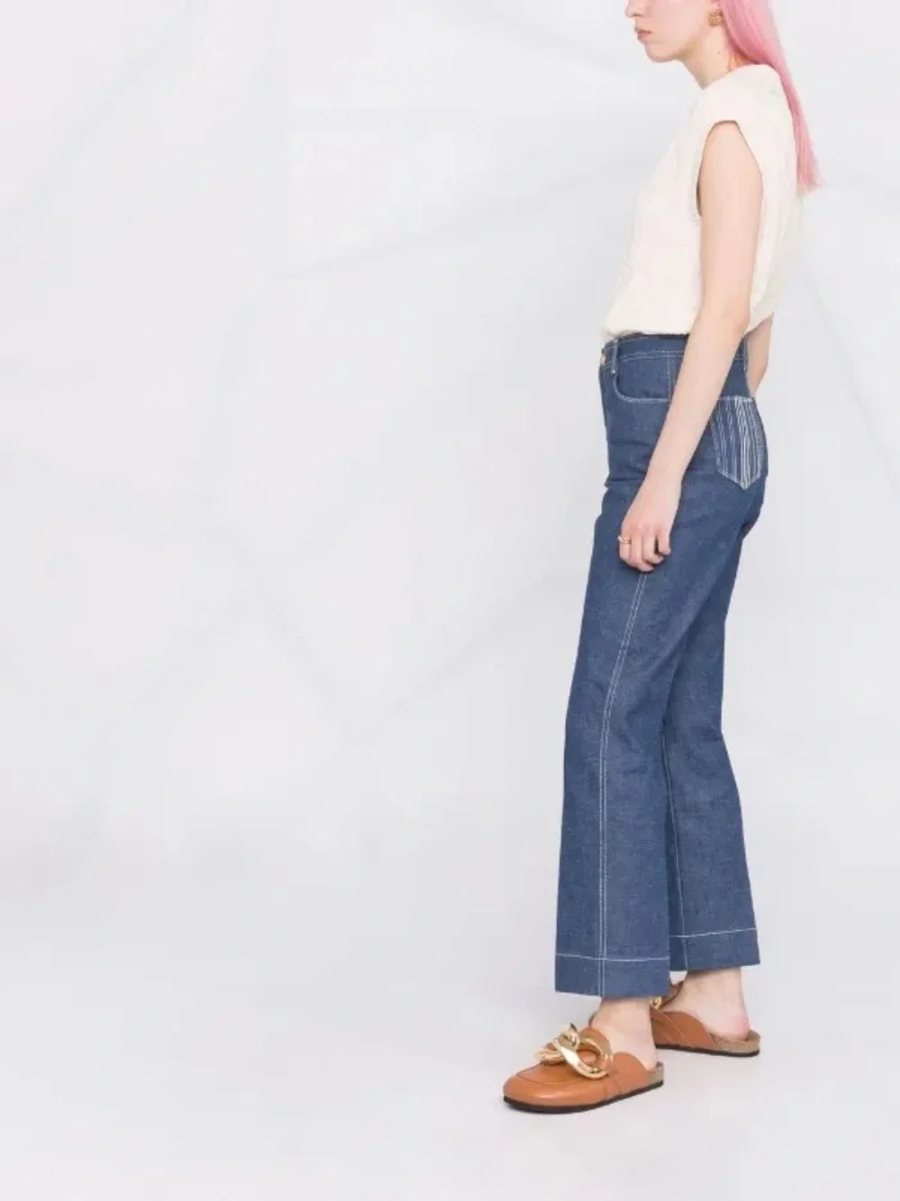 Tory Burch Cropped Straight Leg Denim Jeans Embroidered Pockets Size 29